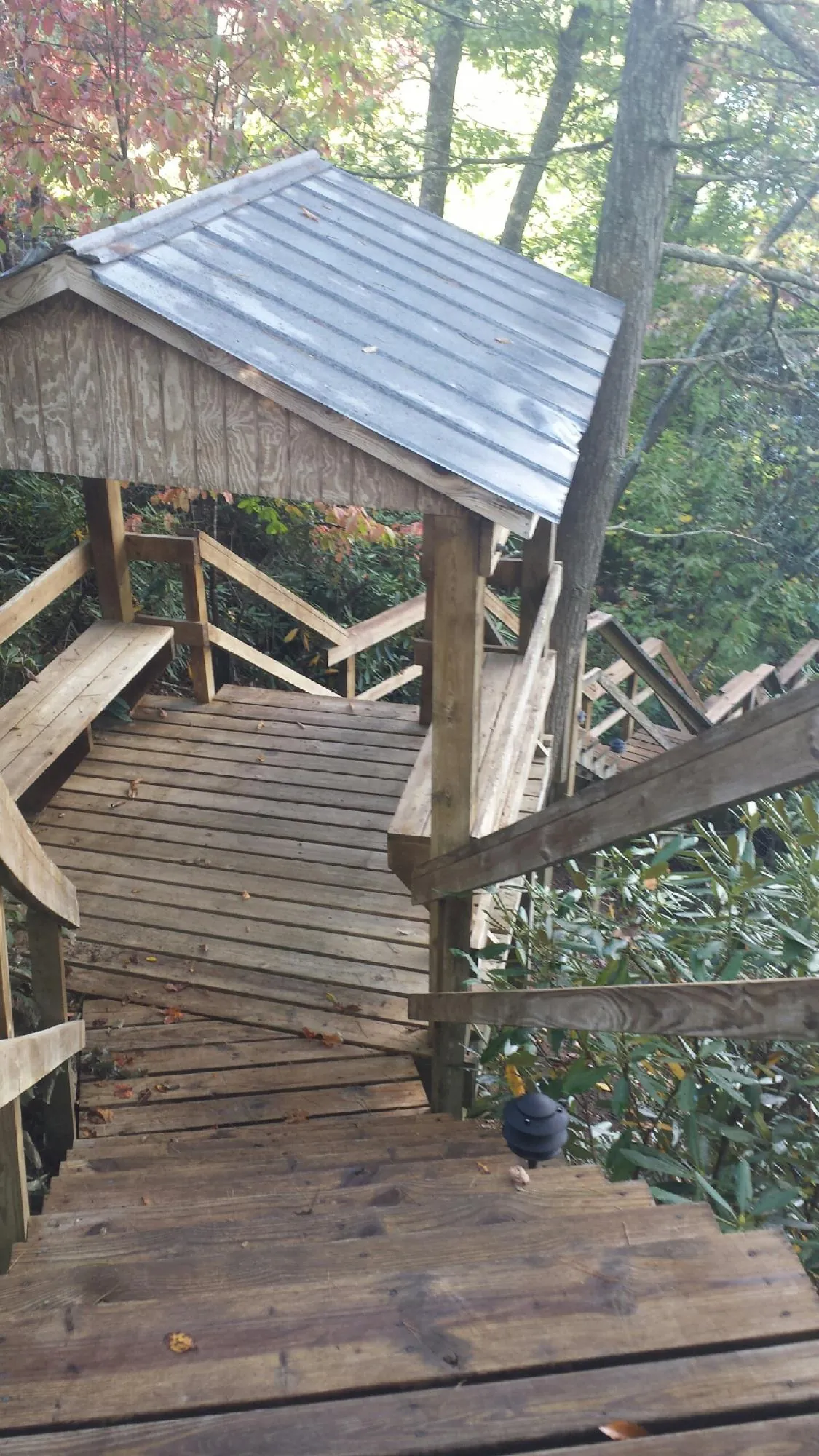 Metal roofed shelter over wooden steps on a wooded walkway — Skylight Repair & Installation work by our crew in Antigo